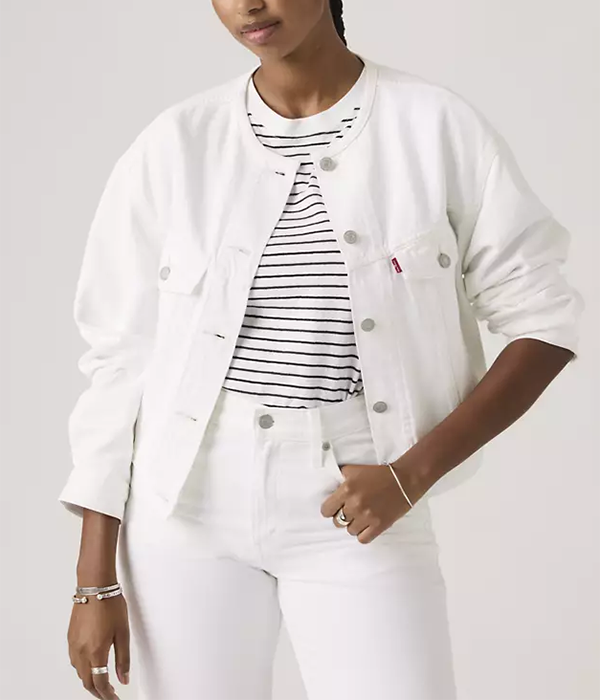 Womens Collarless Shrunken 90s Trucker in Tooth Fairy