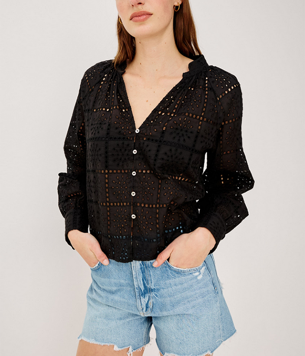 Womens Francine Top in Black Grid Embroidery