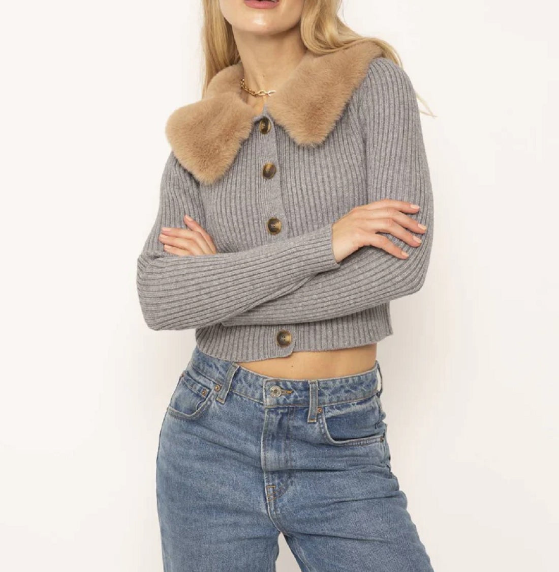 Womens Nola Rib Cardigan w/ Faux Fur Collar
