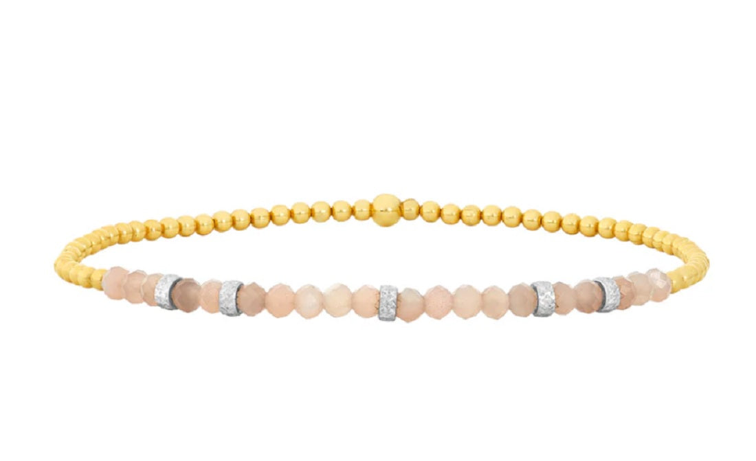 Womens 2mm Signature Bracelet with Mauve Moonstone and Sterling Silver Rondelles - 6.75 / Yellow Gold