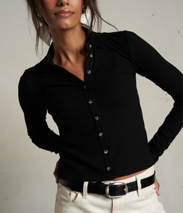 Womens Amee Luxe Rib Long Sleeve Button Polo