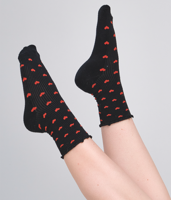 Everyday Ruffle Heart Sock in Black and Red