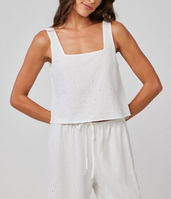 Womens Square Neck Button Back Tank in White