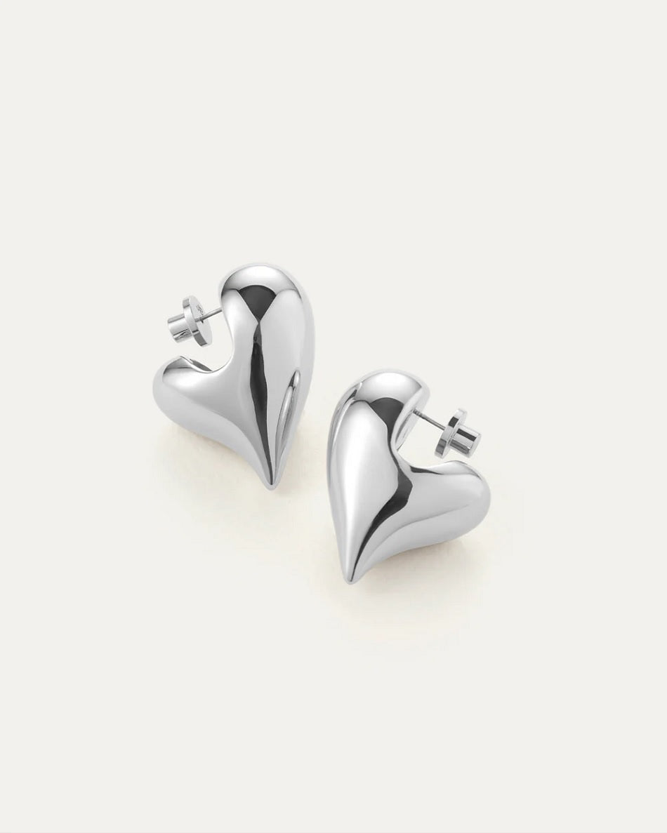 Womens Art Heart Puff Earrings in High Polish Silver