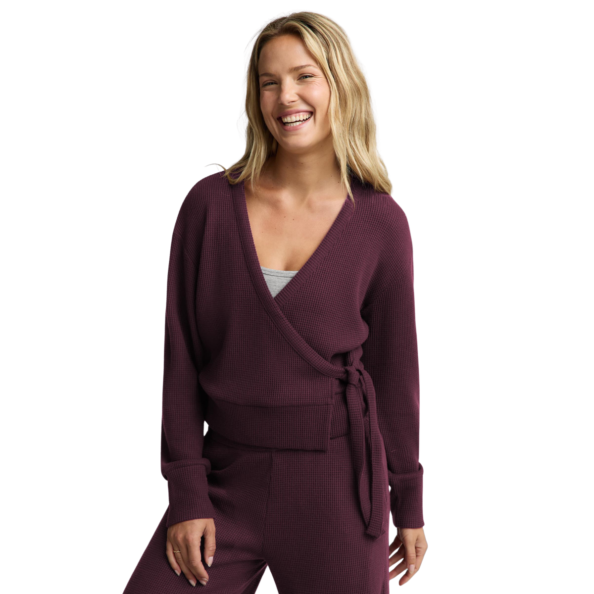 Beyond Yoga Rest Day Waffle Wrap Pullover-Cabernet By