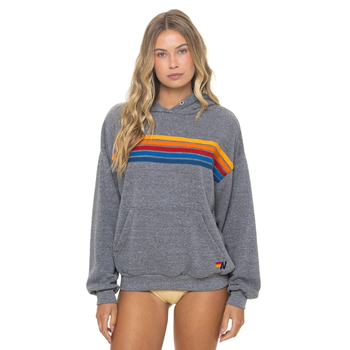 Aviator Nation Womens 5 Stripe Pullover Hoodie Relaxed-Heather Grey