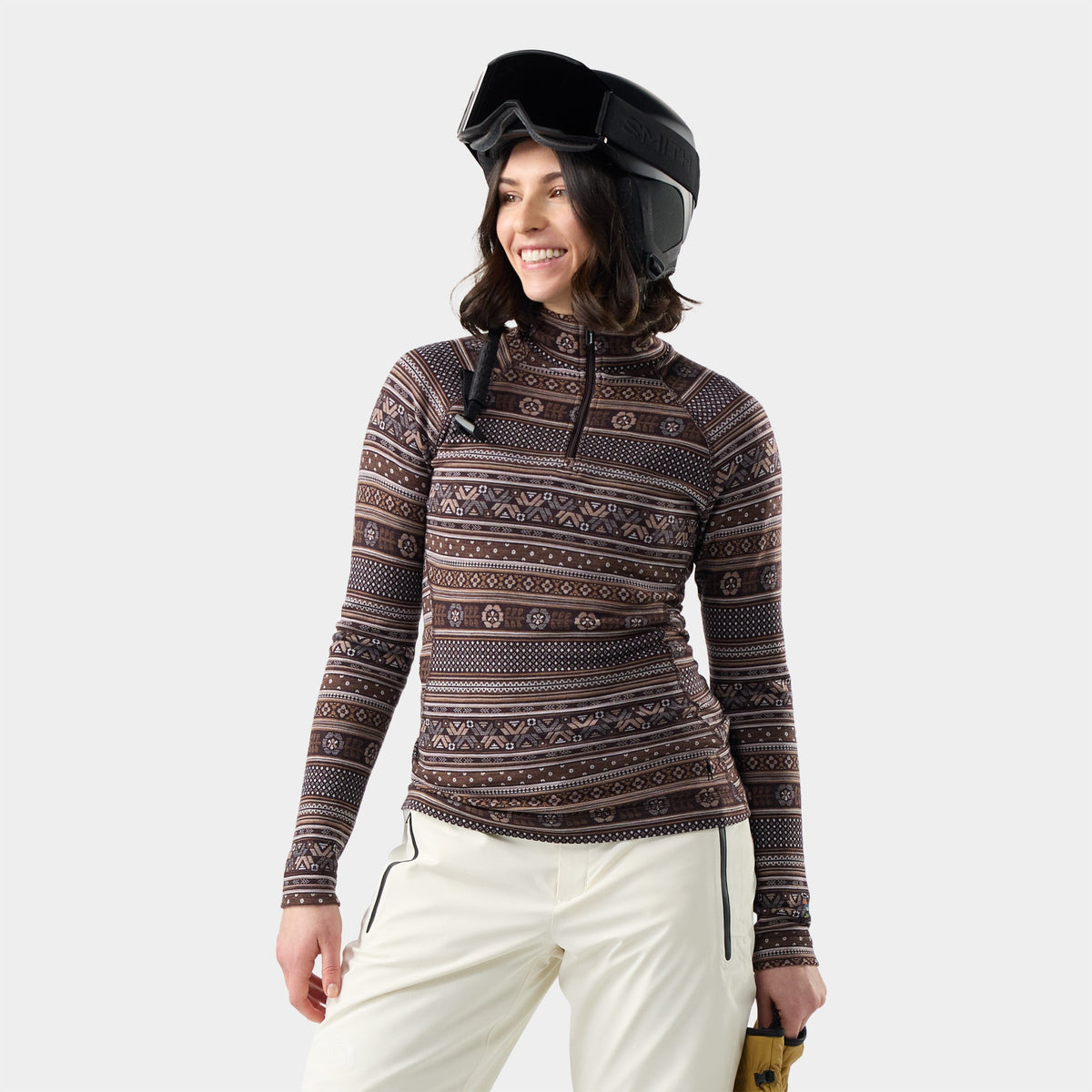 Smartwool Womens Classic Thermal Merino Base Layer 1/4 Zip-Mocha Fair Isle Fun