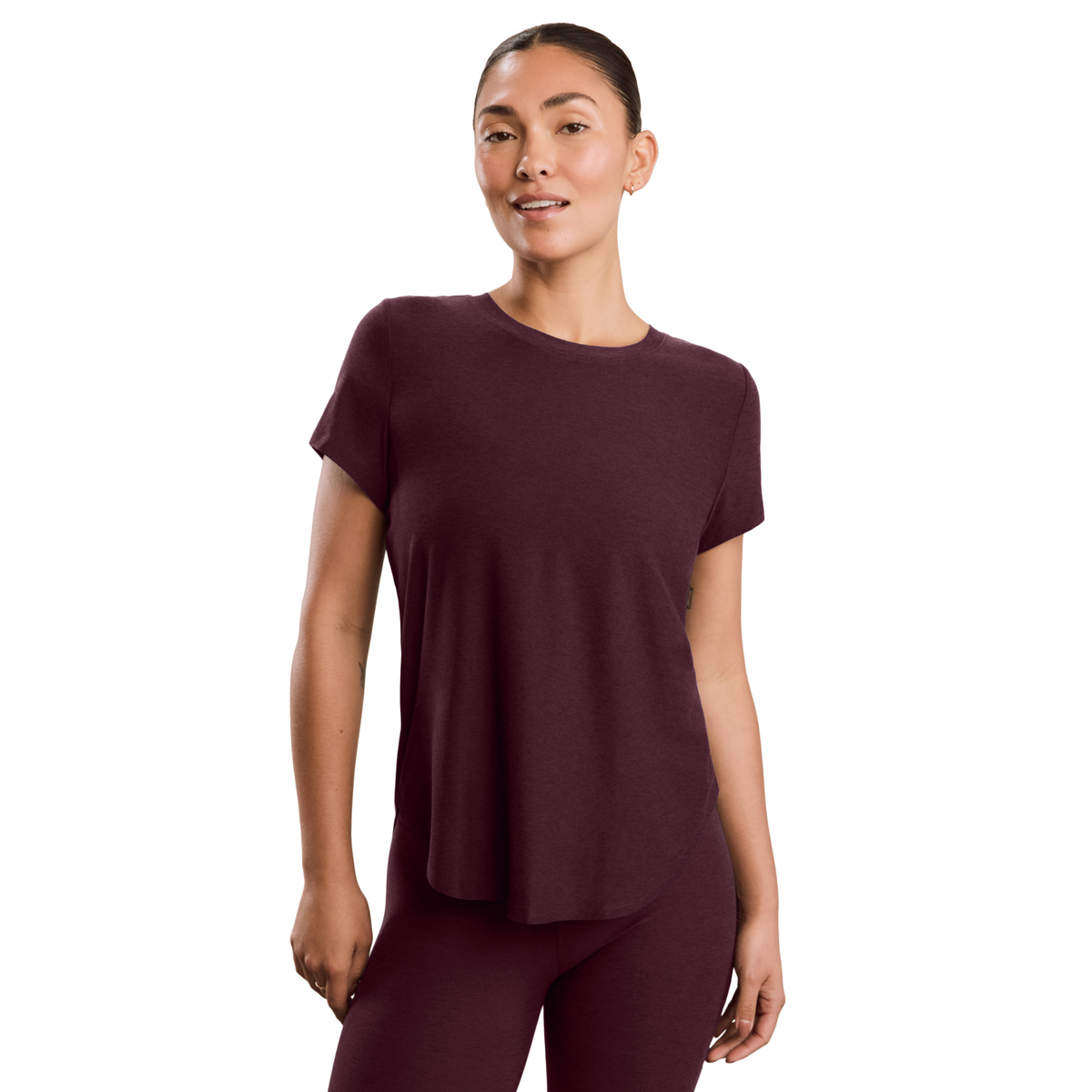 Beyond Yoga Womens Featherweight On The Down Low Tee- Cabernet Heather