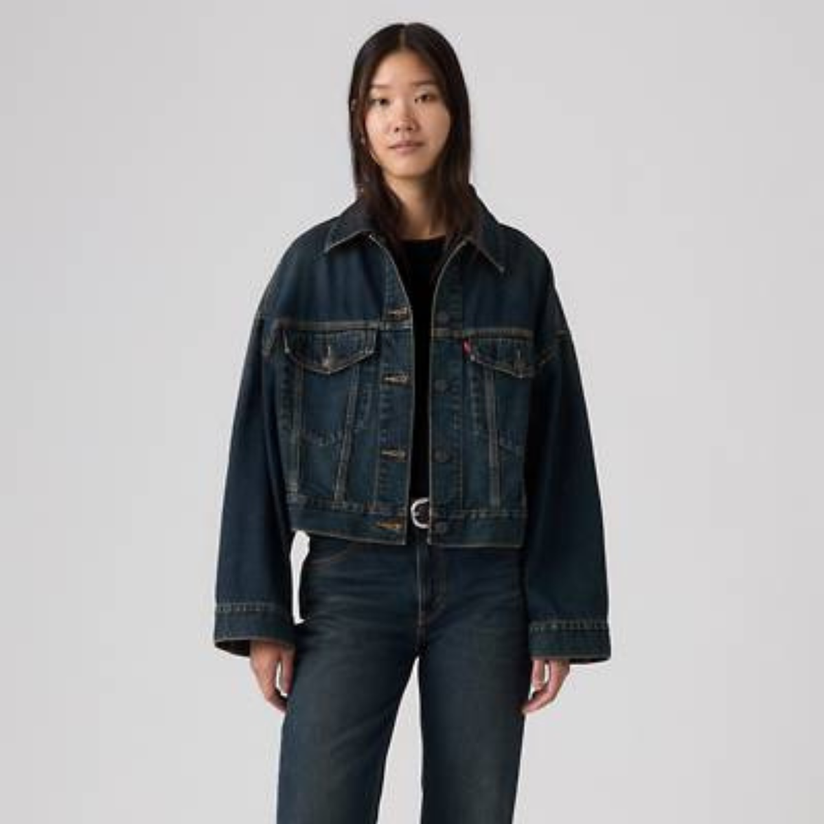 Levis Premium Womens Loose Crop Trucker in High Vibration Trucker-High Vibration Trucker - Dark Wash
