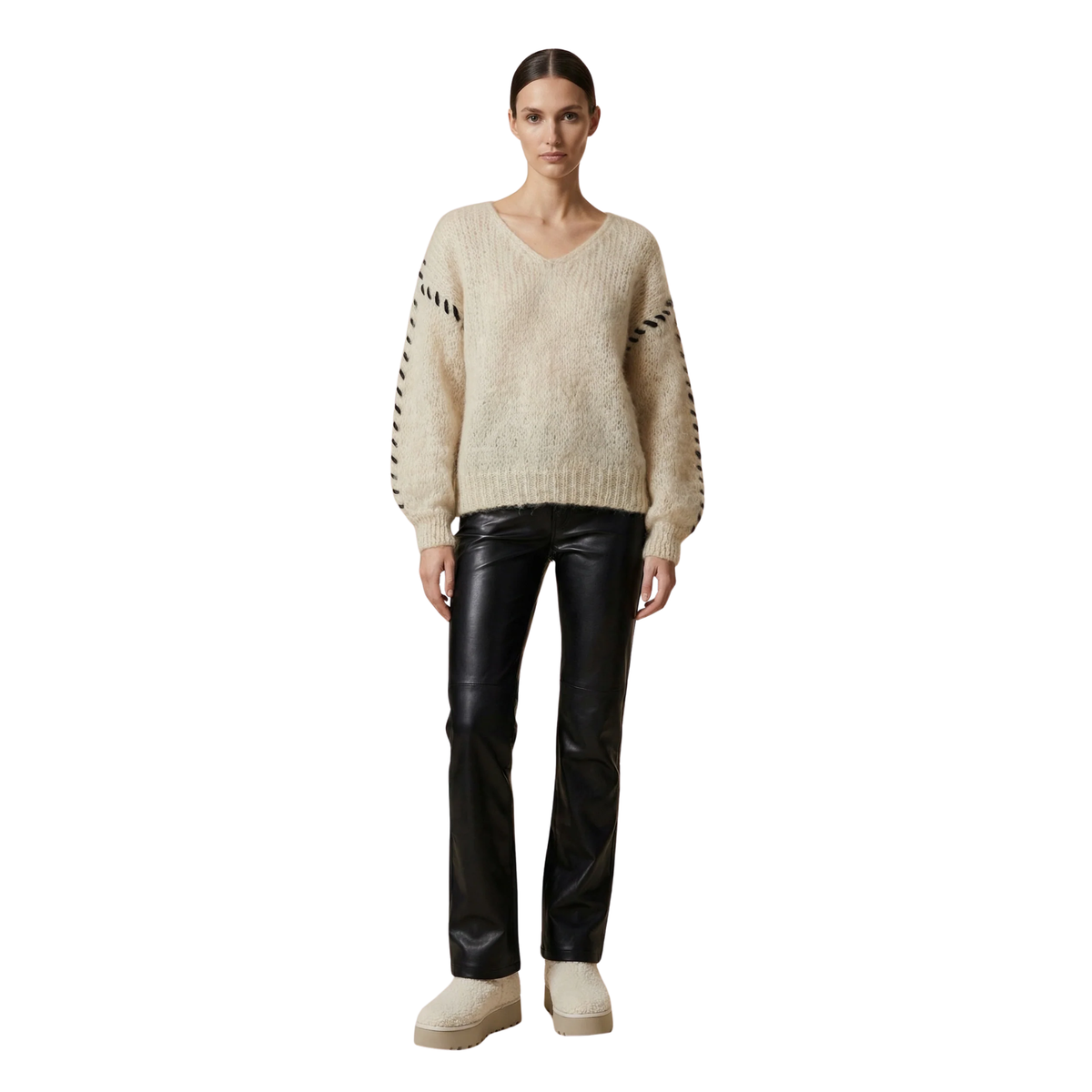 Americiandreams Womens Milana Long Sleeve Mohair Knit Stitching-Beige