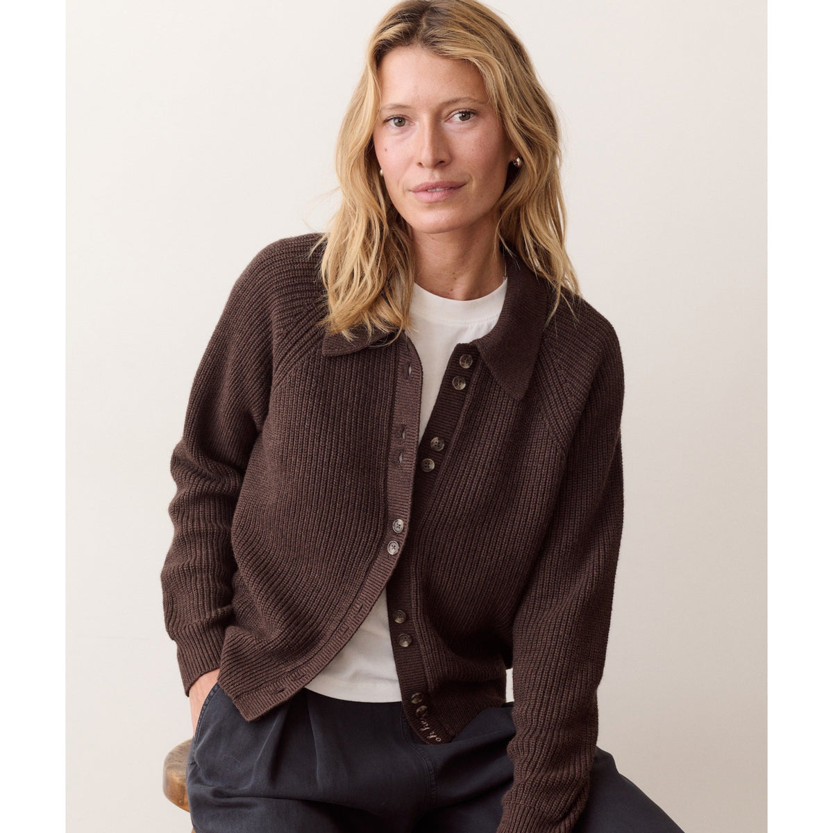 Marine Layer Womens Parker Collared Cardigan in Chocolate - Chocolate