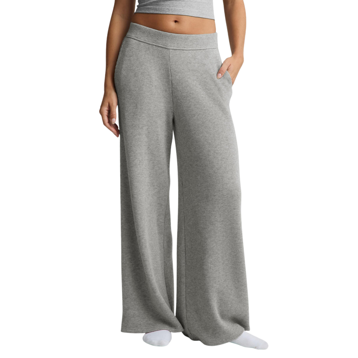 Beyond Yoga Womens Rest Day Waffle Wide Leg Pant-Heather Gray By