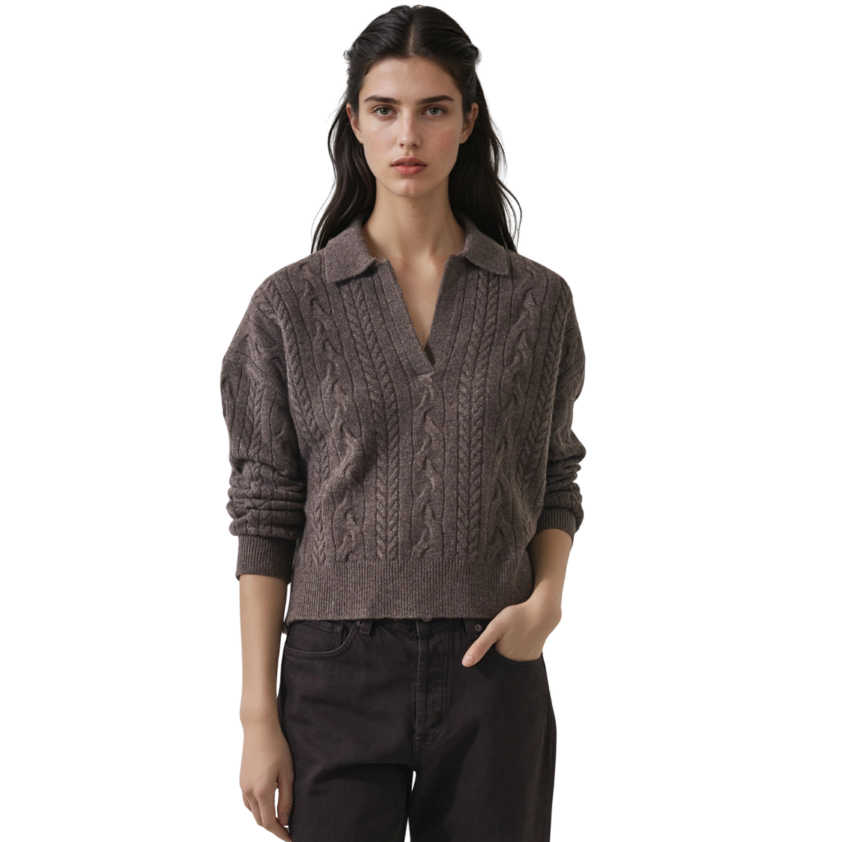 Patrick Assaraf Womens Superfine Wool Relaxed Cable Polo-146_Barn Owl