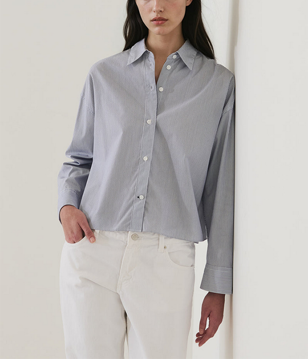 Womens LS Cotton Stripe Boxy Shirt