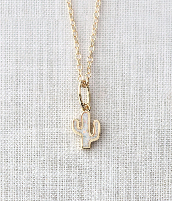 Womens Opal Cactus Charm Necklace