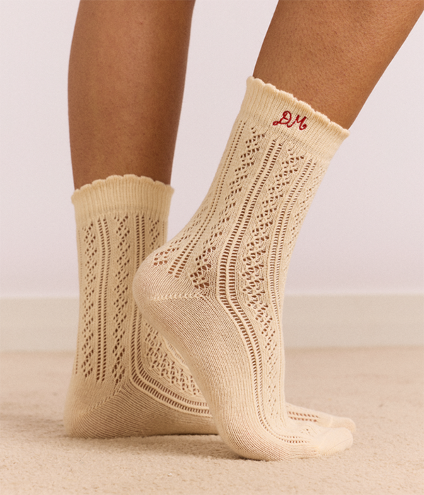 Womens 2 Pack Socks - Red & Cream Pointelle