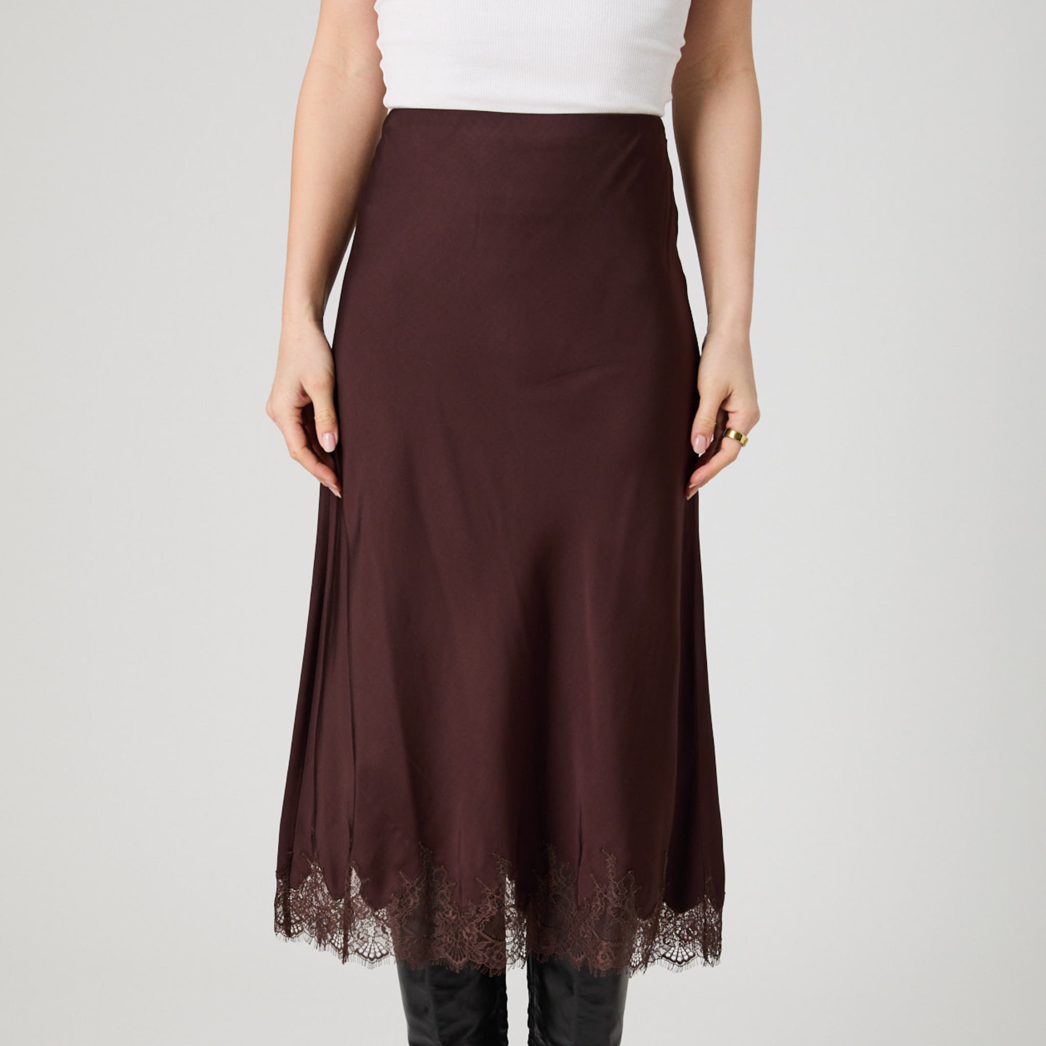 Womens Ennis Satin Lace Midi Skirt