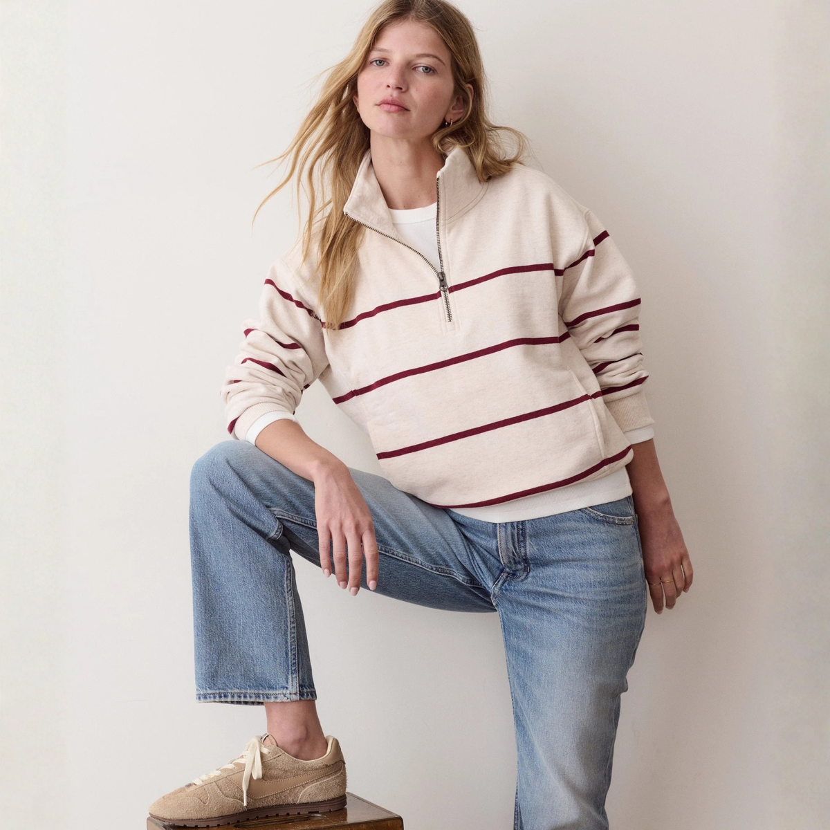 Womens Cloud 9 Half Zip Sweatshirt Wide Stripe- Heather in Oatmeal & Cabernet