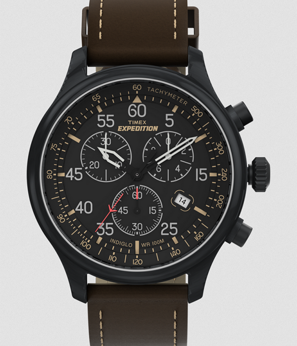 Expedition Field Chronograph 43mm Leather Watch - Black Dial Brown Strap