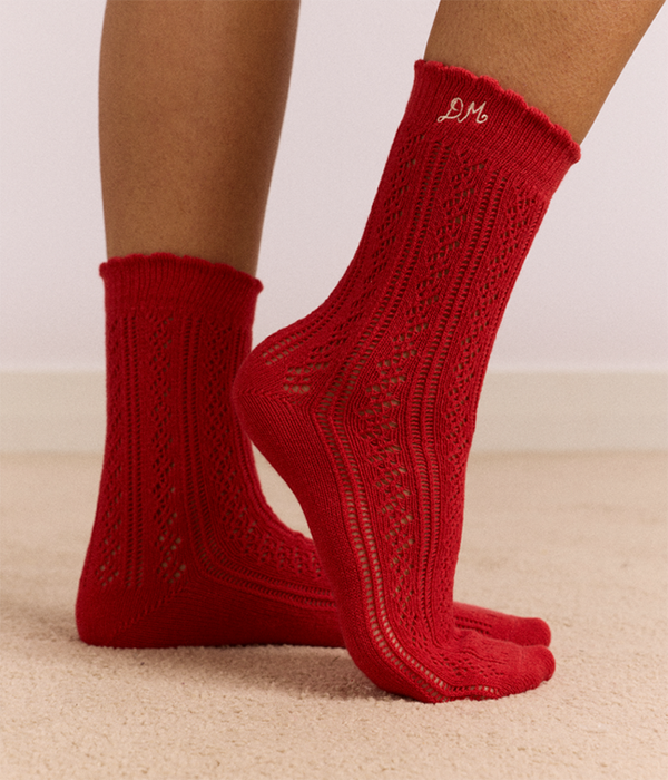 Womens 2 Pack Socks - Red & Cream Pointelle