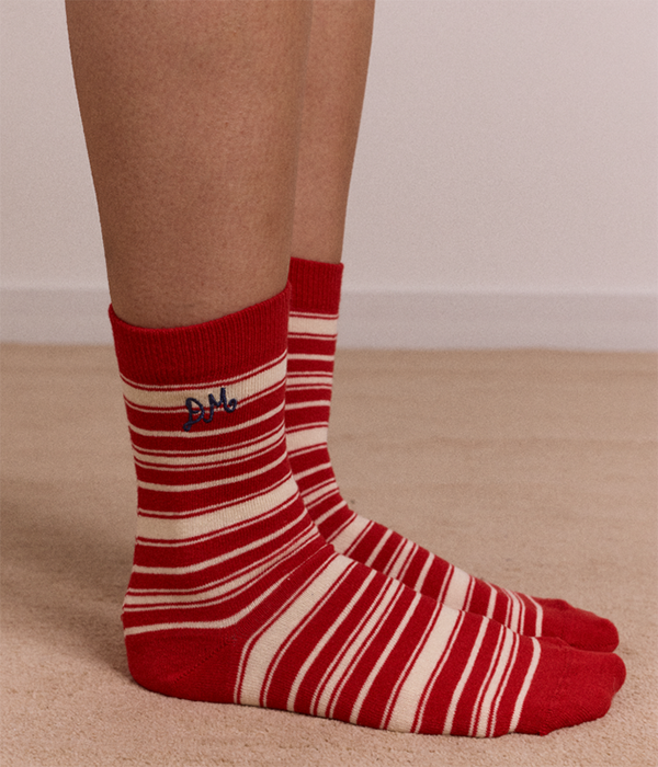 Womens Calf Length Socks - Cream & Red Stripe