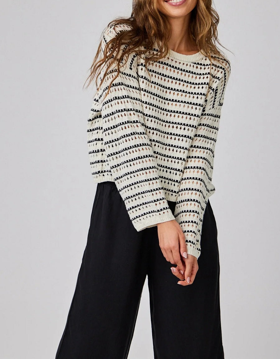 Womens Crew Neck Sweater in Ivory / Black Stripe