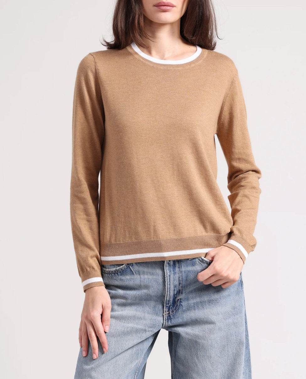 Womens Supima Cotton Cashmere LS Crew w/ Tipping