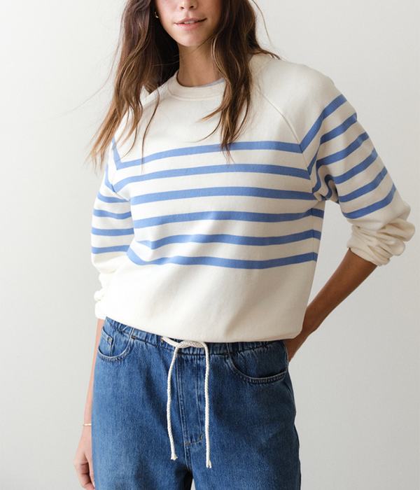 Womens Cloud 9 Fleece Crewneck in Antique White / Blue Stripe