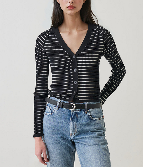 Womens LS Cotton Cupro Stripe Fitted Rib Cardigan