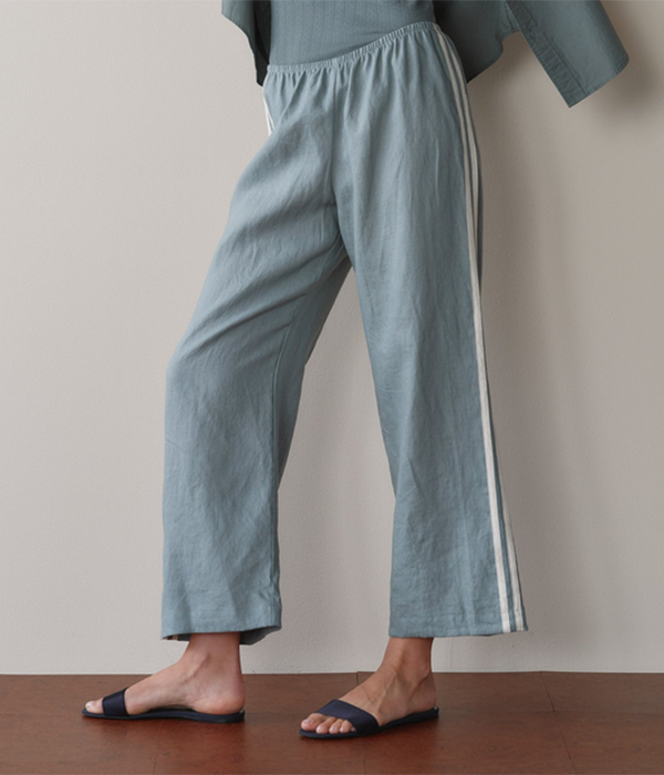 Womens Linen Crop Racer Stripe Pant in Sage