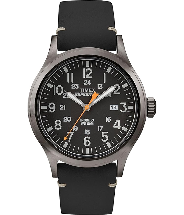 Expedition Scout 40mm Leather Strap Watch - Black Dial Grey Strap