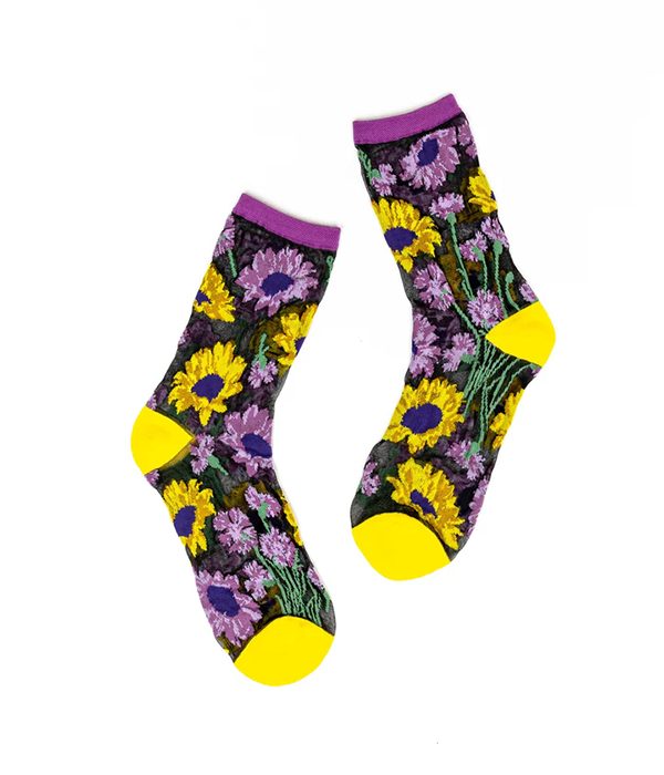 Womens Mixed Sunflowers Black Sheer Sock