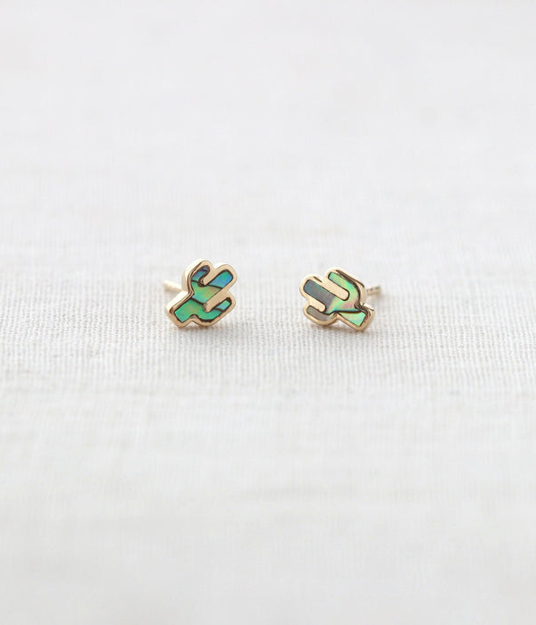 Womens Abalone Cactus Stud Earrings