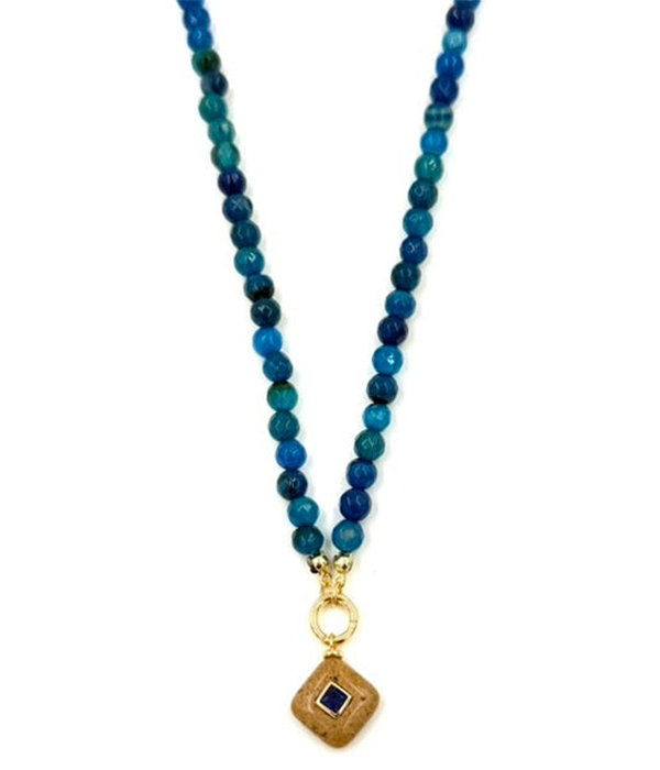 Womens Ashley Gold Stainless Steel Gold Plated Blue Beaded Necklace With Square Enamel Charm Necklace