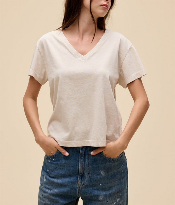 Womens Solid Boxy V-Neck Tee