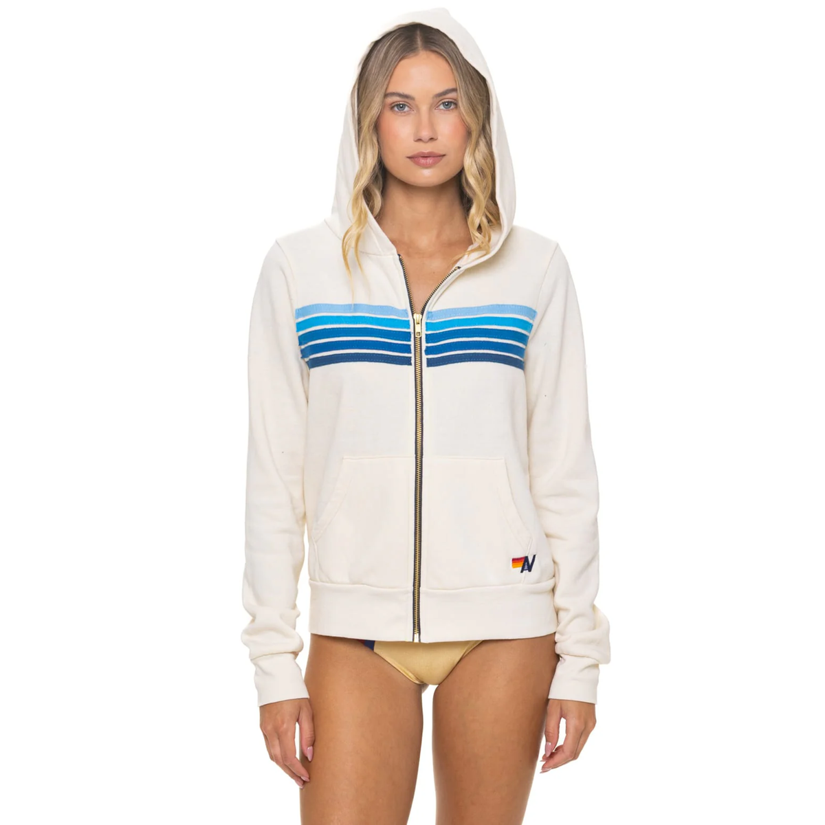 Aviator Nation 5 Stripe Zip Hoodie-Vintage White