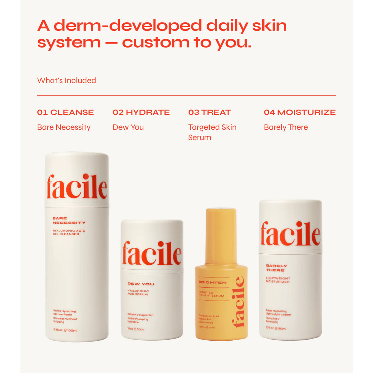 Facile Discover Your Core Set Minis of Bare Necessity, Dew You, Barely There and Sample Sizes of All 4 Serums