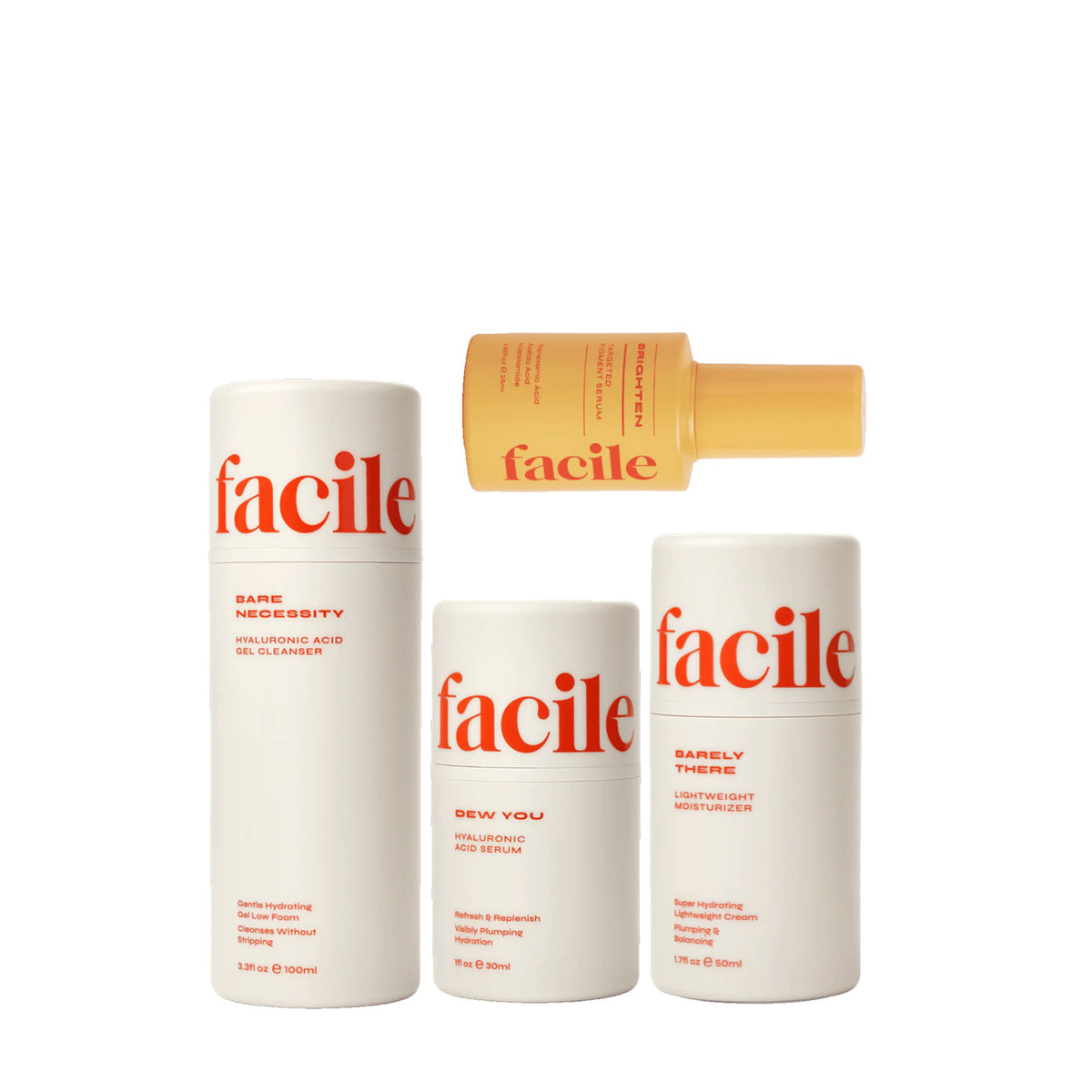 Facile Discover Your Core Set Minis of Bare Necessity, Dew You, Barely There and Sample Sizes of All 4 Serums