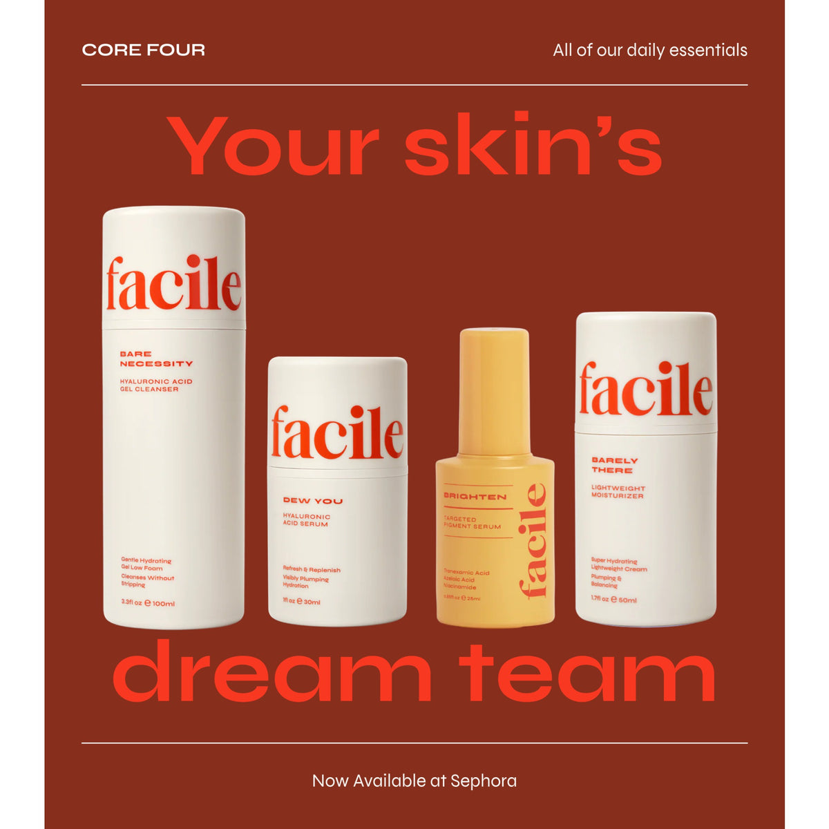 Facile Discover Your Core Set Minis of Bare Necessity, Dew You, Barely There and Sample Sizes of All 4 Serums