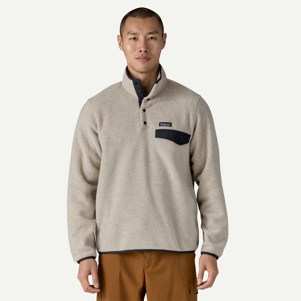 Patagonia Mens LW Synch Snap-T P/O F26-Oatmeal Heather w/New Navy
