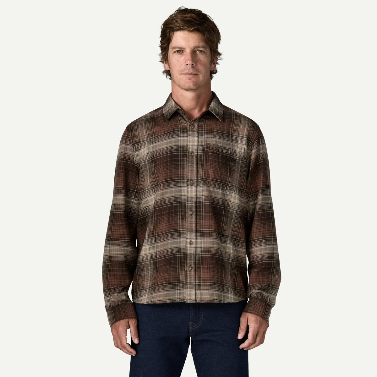 Patagonia Mens Long Sleeve Cotton in Conversion LW Fjord Flannel Shirt-Den Brown