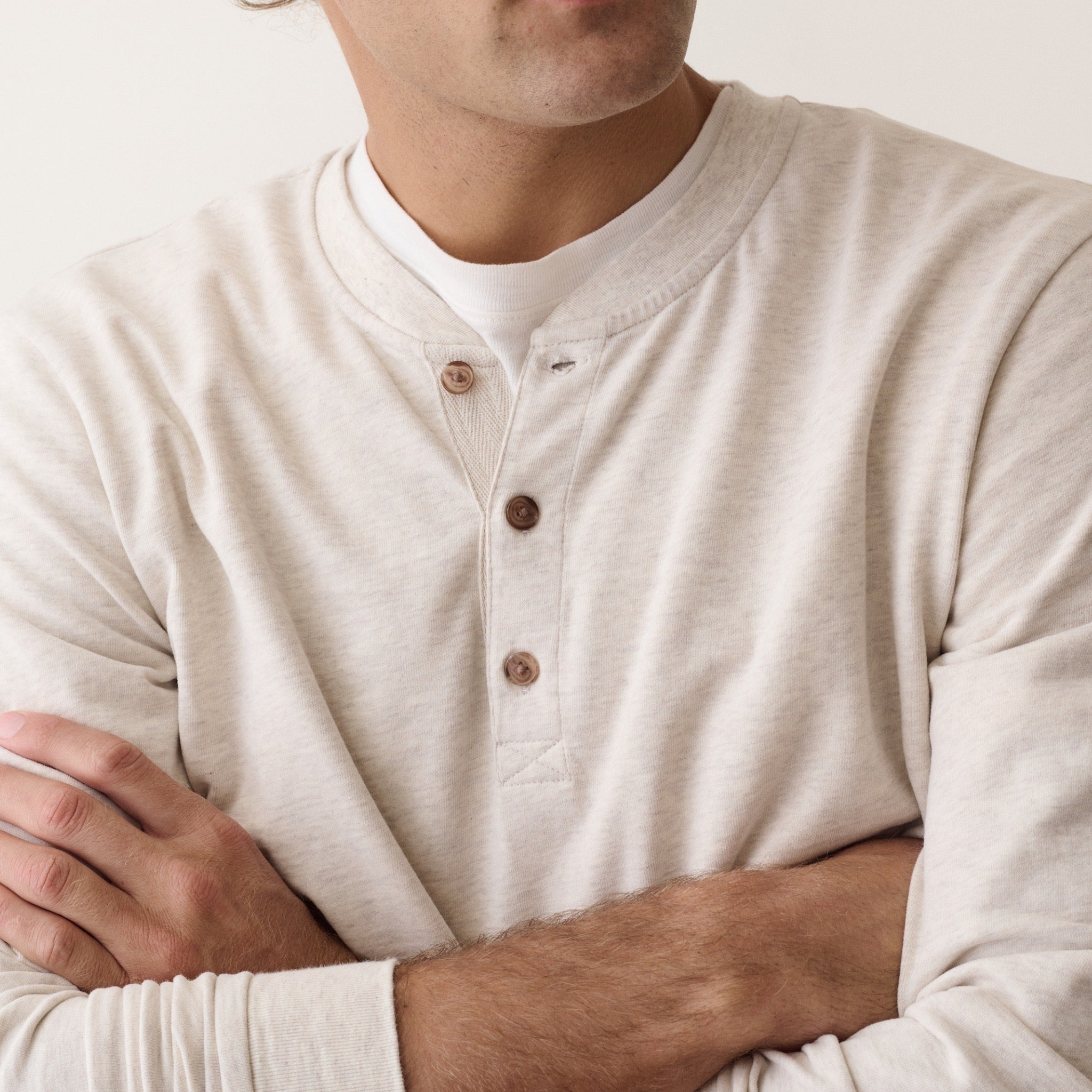 Marine Layer Mens Luxe Jersey Henley in Oatmeal Heather-Oatmeal Heather
