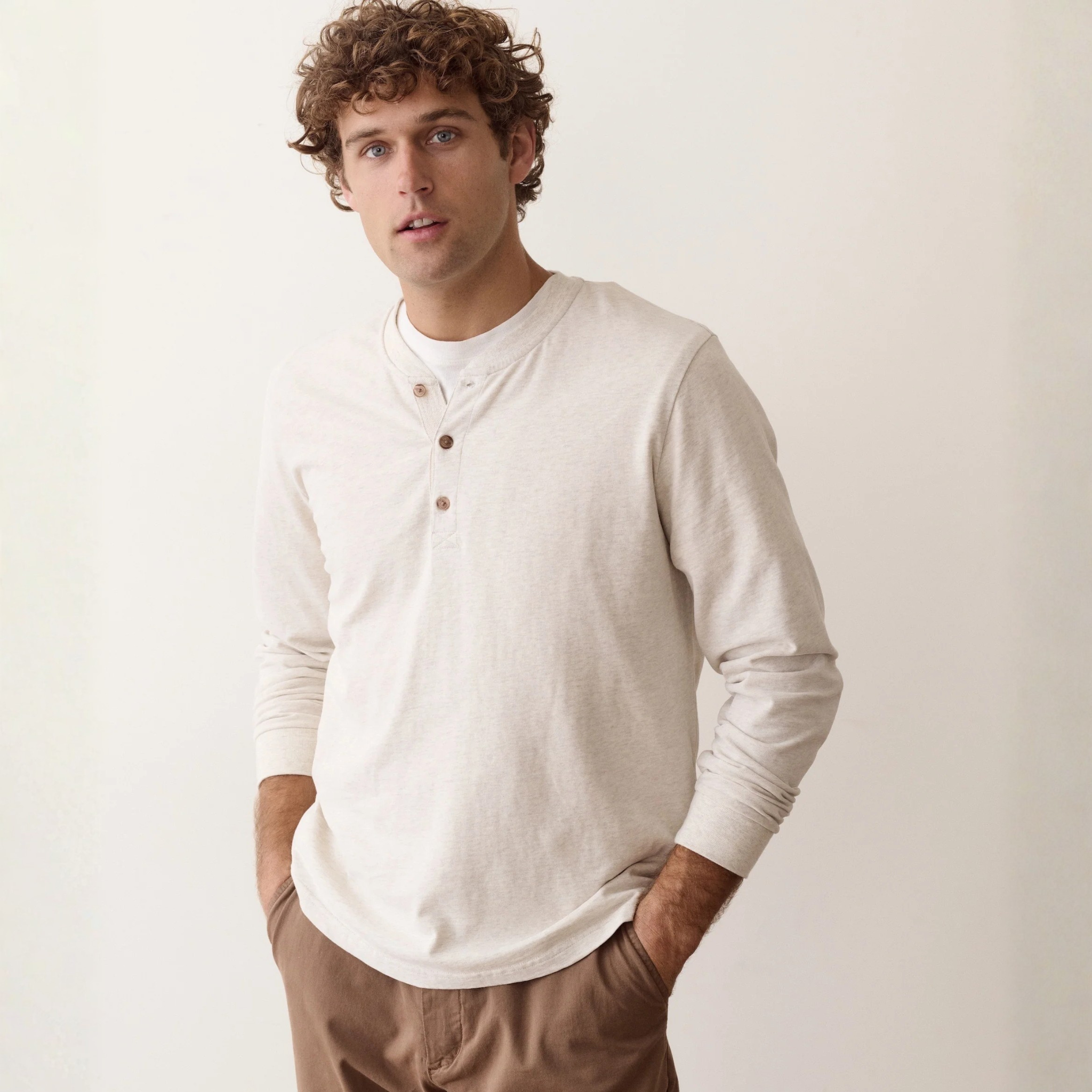 Marine Layer Mens Luxe Jersey Henley in Oatmeal Heather-Oatmeal Heather