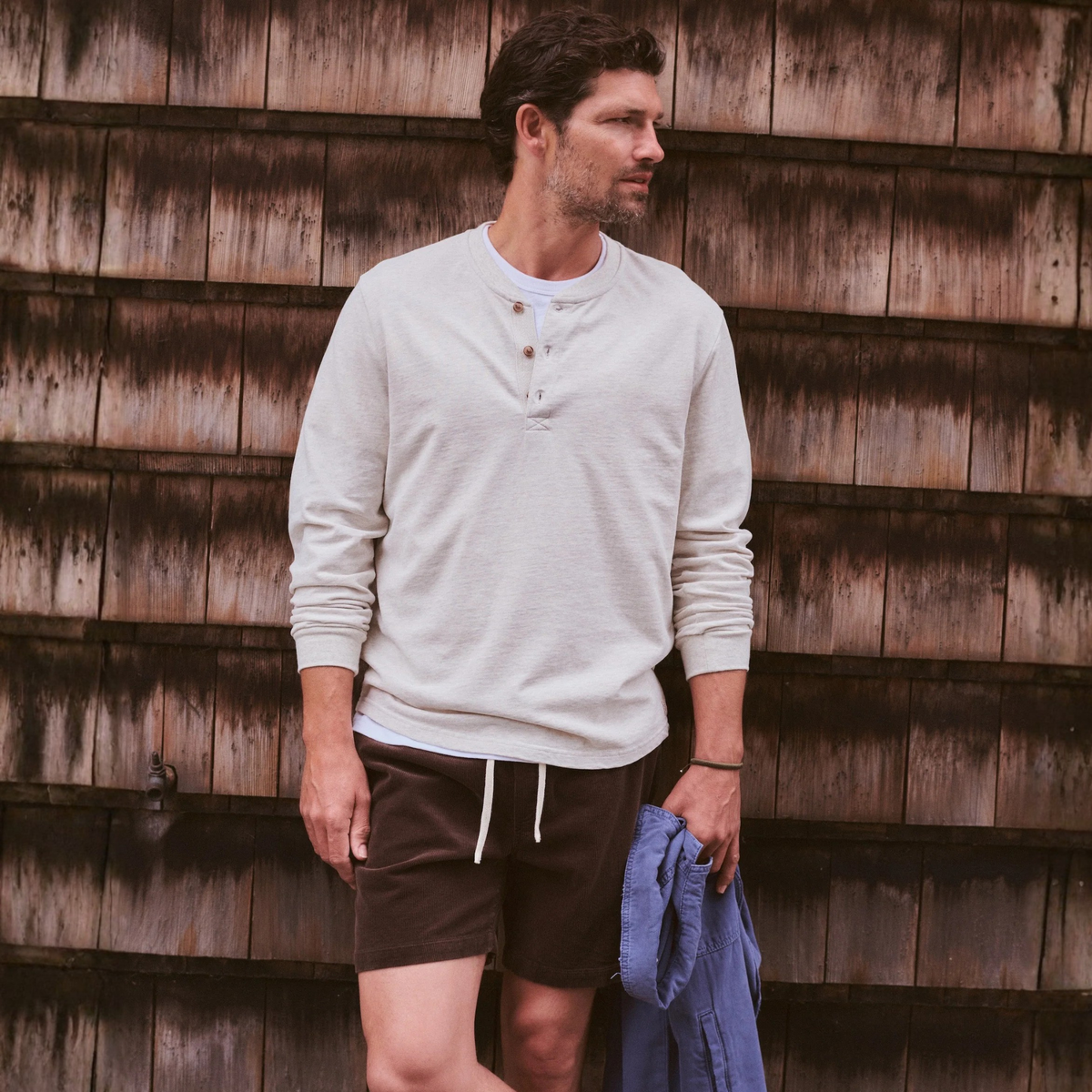 Marine Layer Mens Luxe Jersey Henley in Oatmeal Heather-Oatmeal Heather