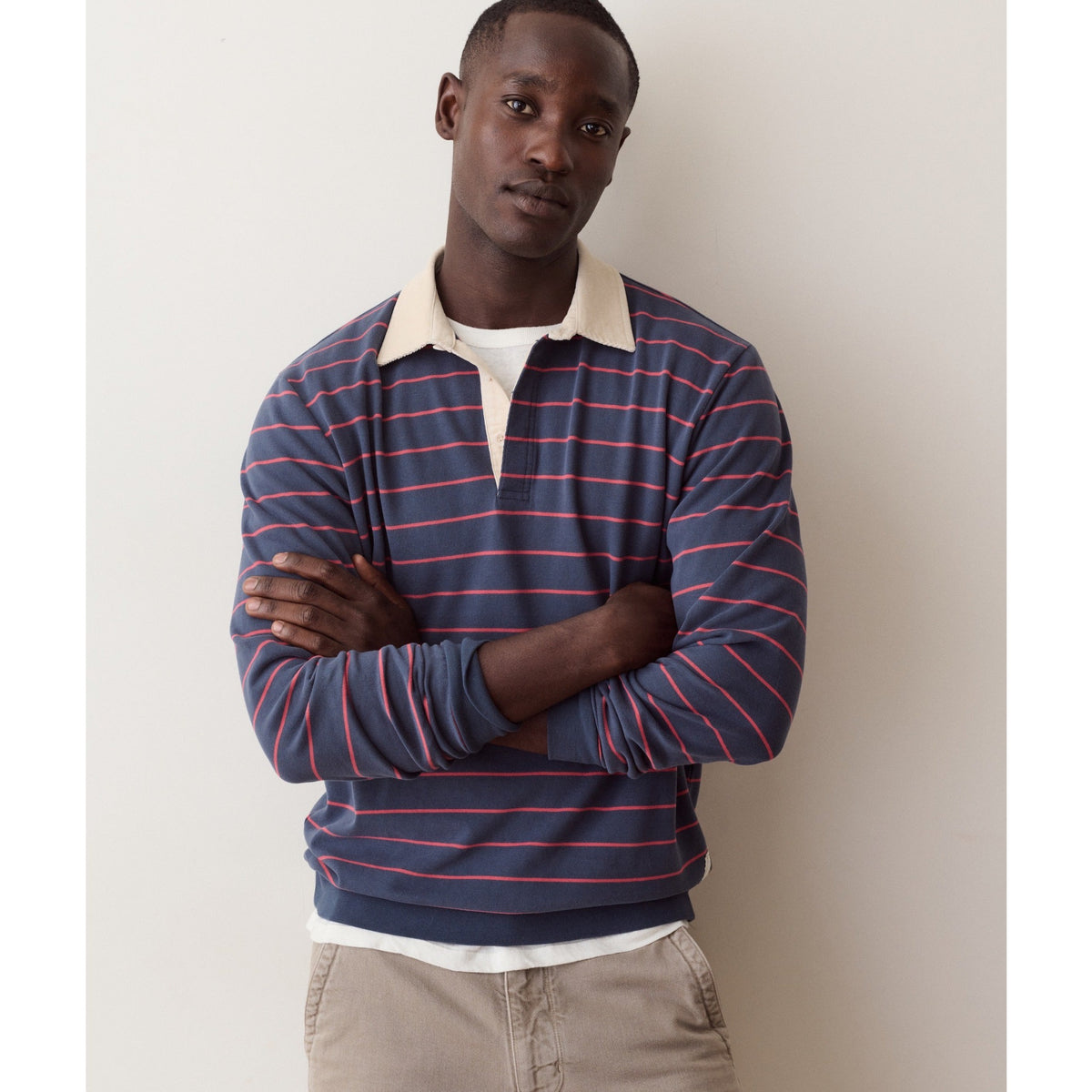 Marine Layer Mens Sueded Rugby Polo in Navy/Red Stripe - Navy/Red Stripe