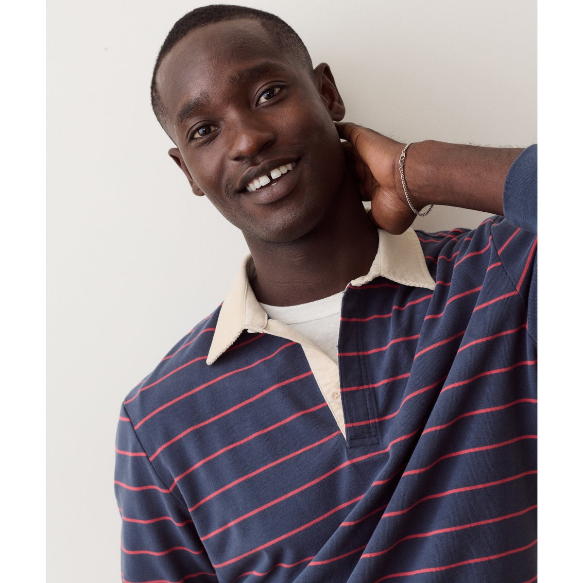 Marine Layer Mens Sueded Rugby Polo in Navy/Red Stripe - Navy/Red Stripe