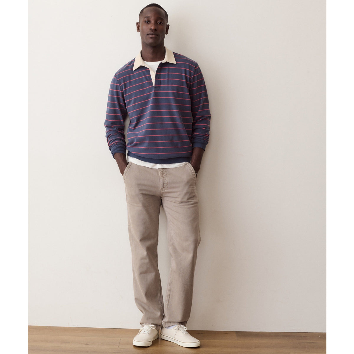Marine Layer Mens Sueded Rugby Polo in Navy/Red Stripe - Navy/Red Stripe