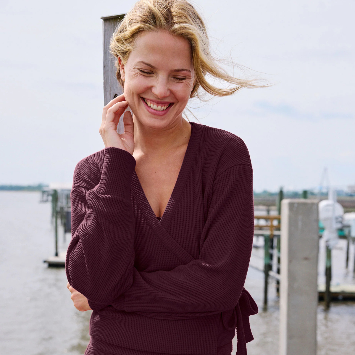 Beyond Yoga Rest Day Waffle Wrap Pullover-Cabernet By