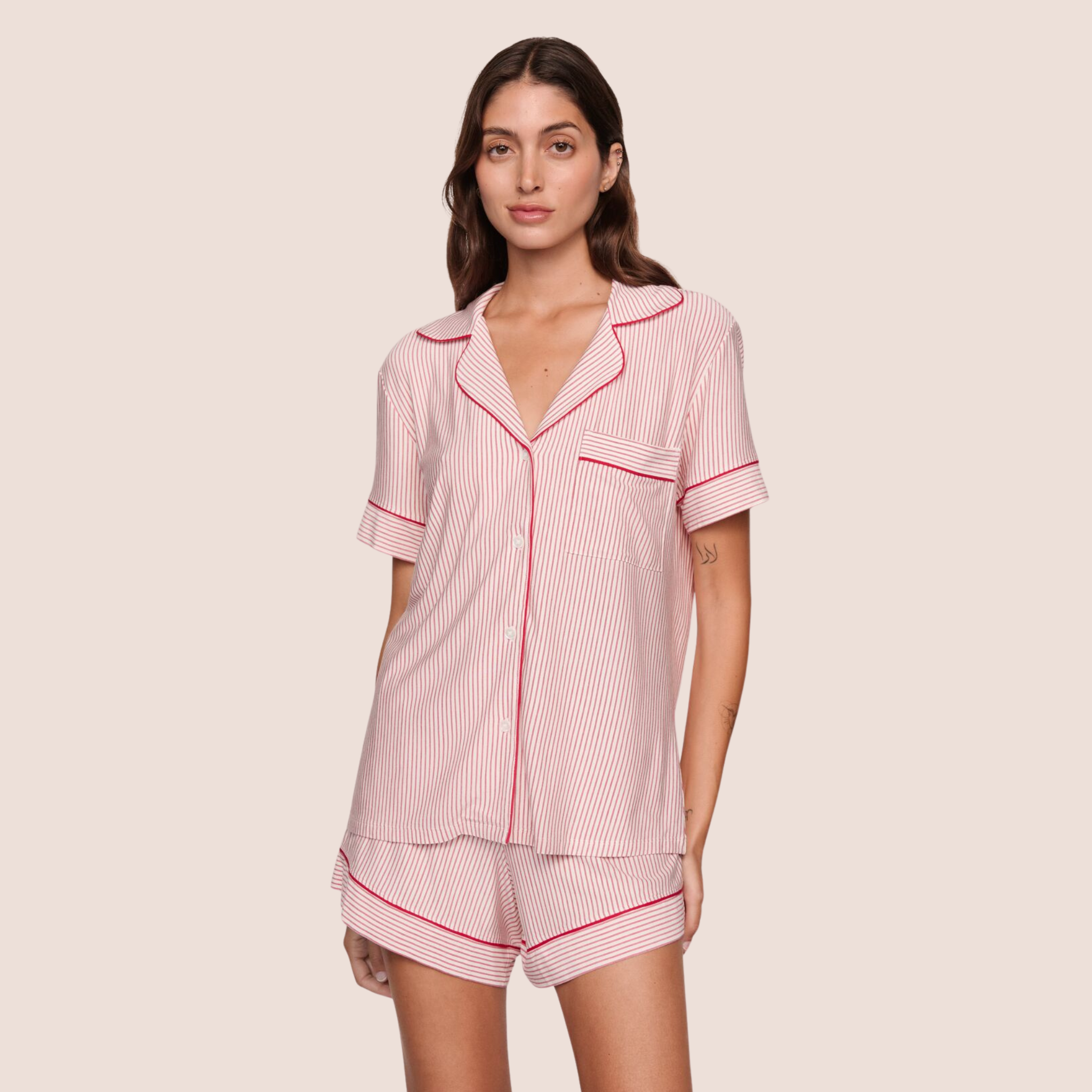 Eberjey Womens Gisele Printed RLX Short PJ Set - Duo Stripe Haute Red
