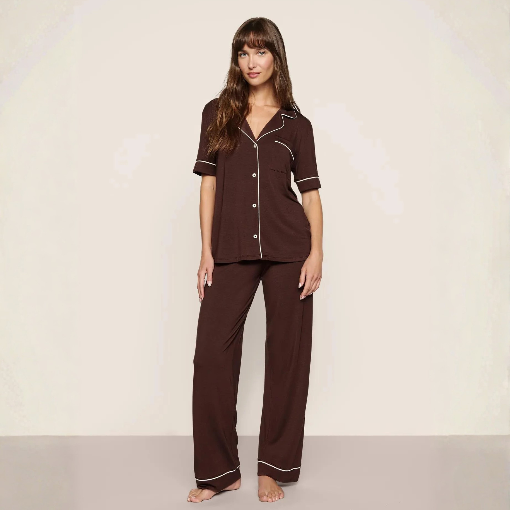 Eberjey Womens Gisele Short Sleeve Pant PJ Set - Chocolate / Ivory